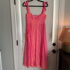 Juliet Dunn Coral Dress with Floral Embroidery